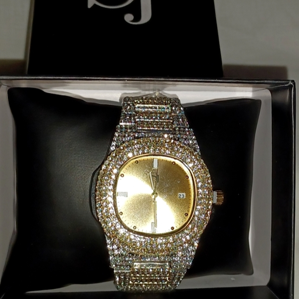 Sassy Jones Watch- Gold w/ Rhinestones, Second Hand ,Day and Date.